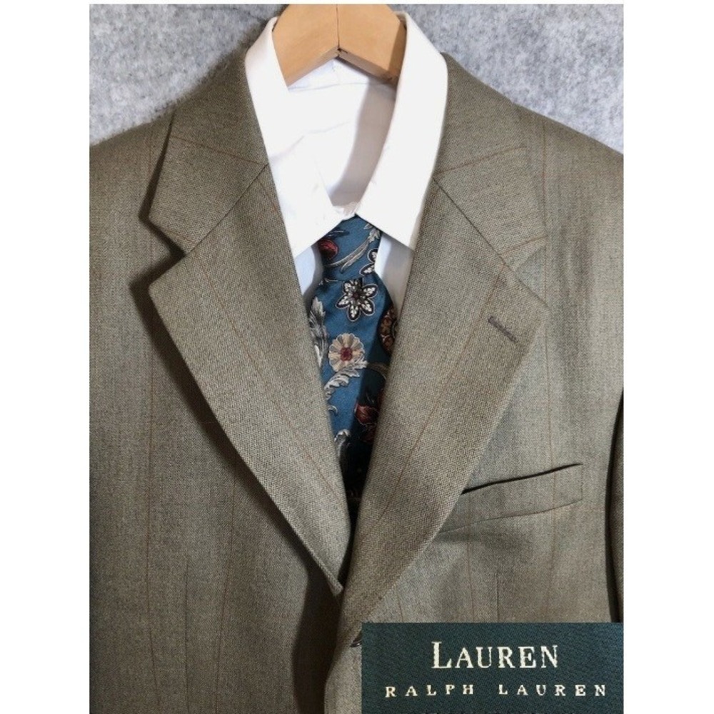 Lauren Ralph Lauren Blazer Mens 48R Tan Windowpane Wool Alpaca Career Classic